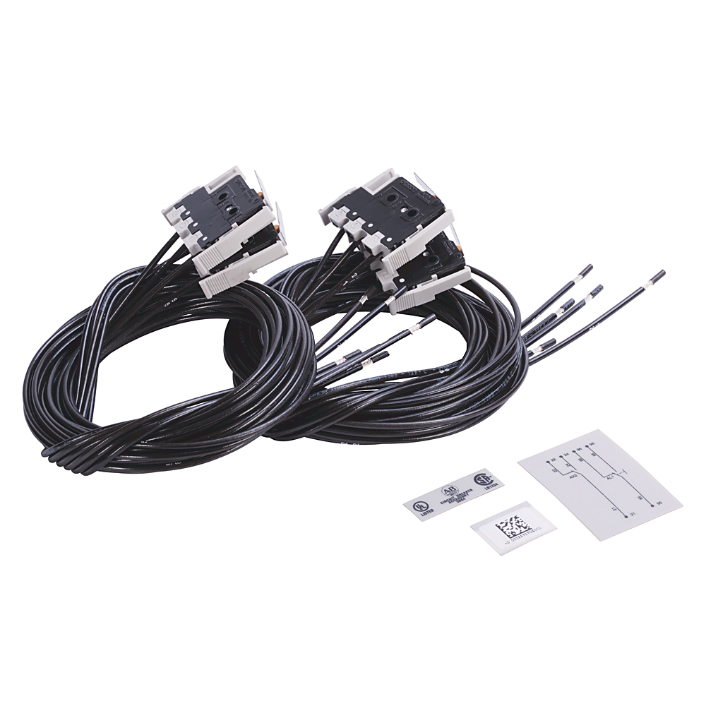 Two long black cable bundles with white electrical connectors and exposed ends, plus small instruction cards beside them on a white background.