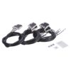 Bundle of long black multi-conductor cables with white modular connectors and small setup cards lying nearby, for wiring harness use