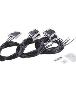 Bundle of long black multi-conductor cables with white modular connectors and small setup cards lying nearby, for wiring harness use