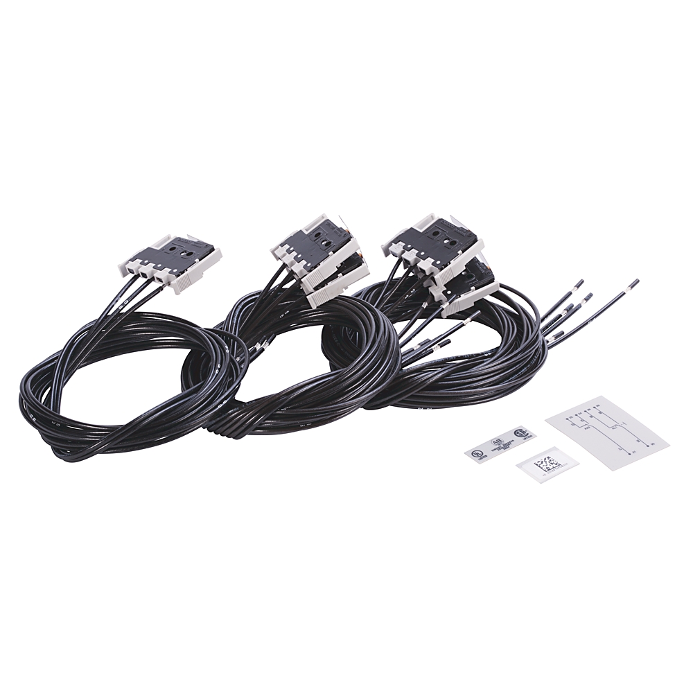 Bundle of long black multi-conductor cables with white modular connectors and small setup cards lying nearby, for wiring harness use