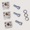 Three white plastic mounting brackets with brass threaded inserts, plus three silver bolts and three flat washers.