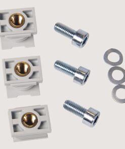 Three white plastic mounting brackets with brass threaded inserts, plus three silver bolts and three flat washers.