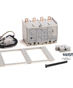 Electrical breaker unit with four terminal lugs and accompanying mounting frame, screws, and hardware laid out nearby (factory/kit components)