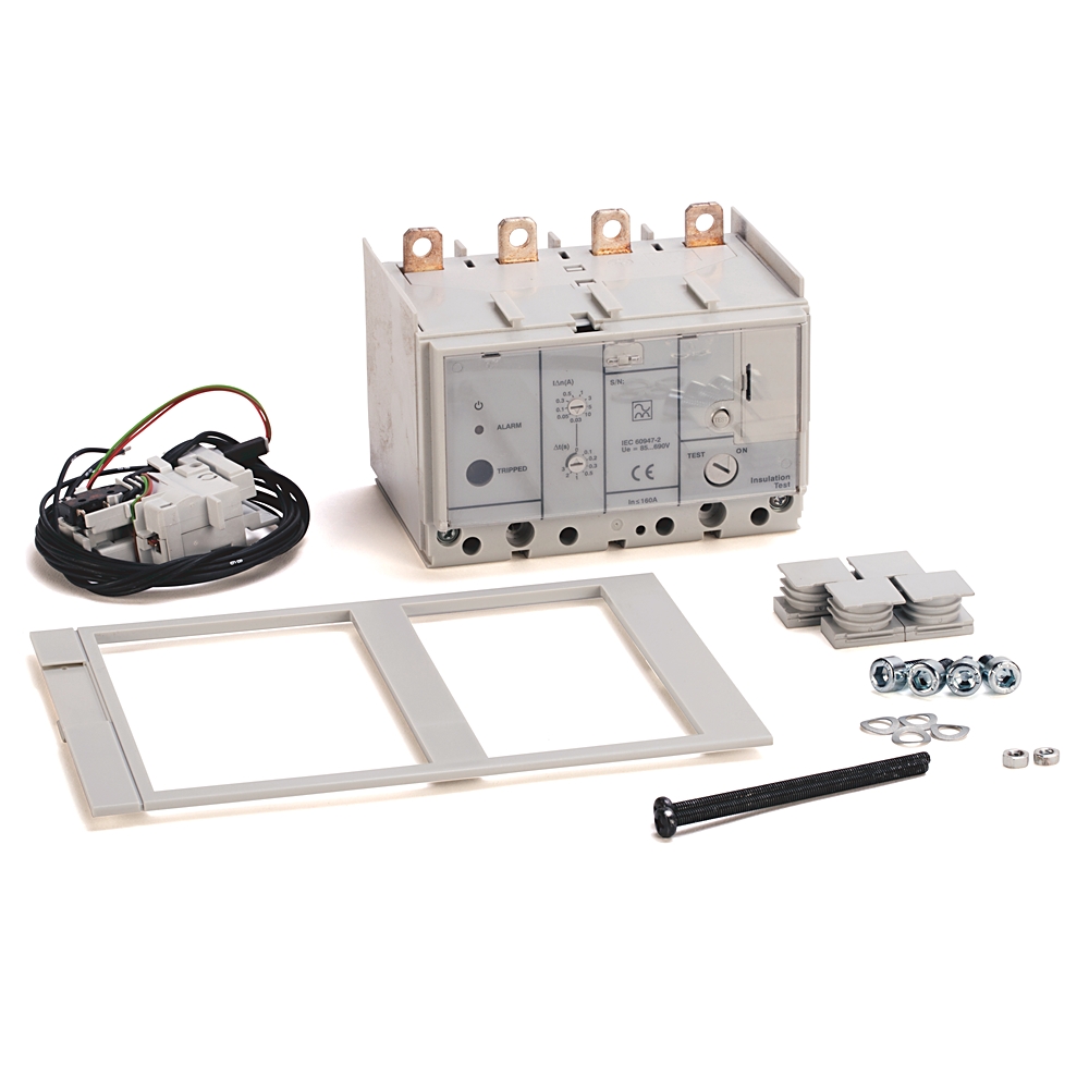 Electrical breaker unit with four terminal lugs and accompanying mounting frame, screws, and hardware laid out nearby (factory/kit components)