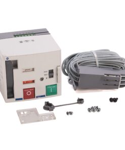 Industrial motor starter with red stop and green start buttons, plus grey control cable and mounting hardware.