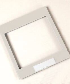 Light gray square photo frame with an empty central opening on a neutral background.