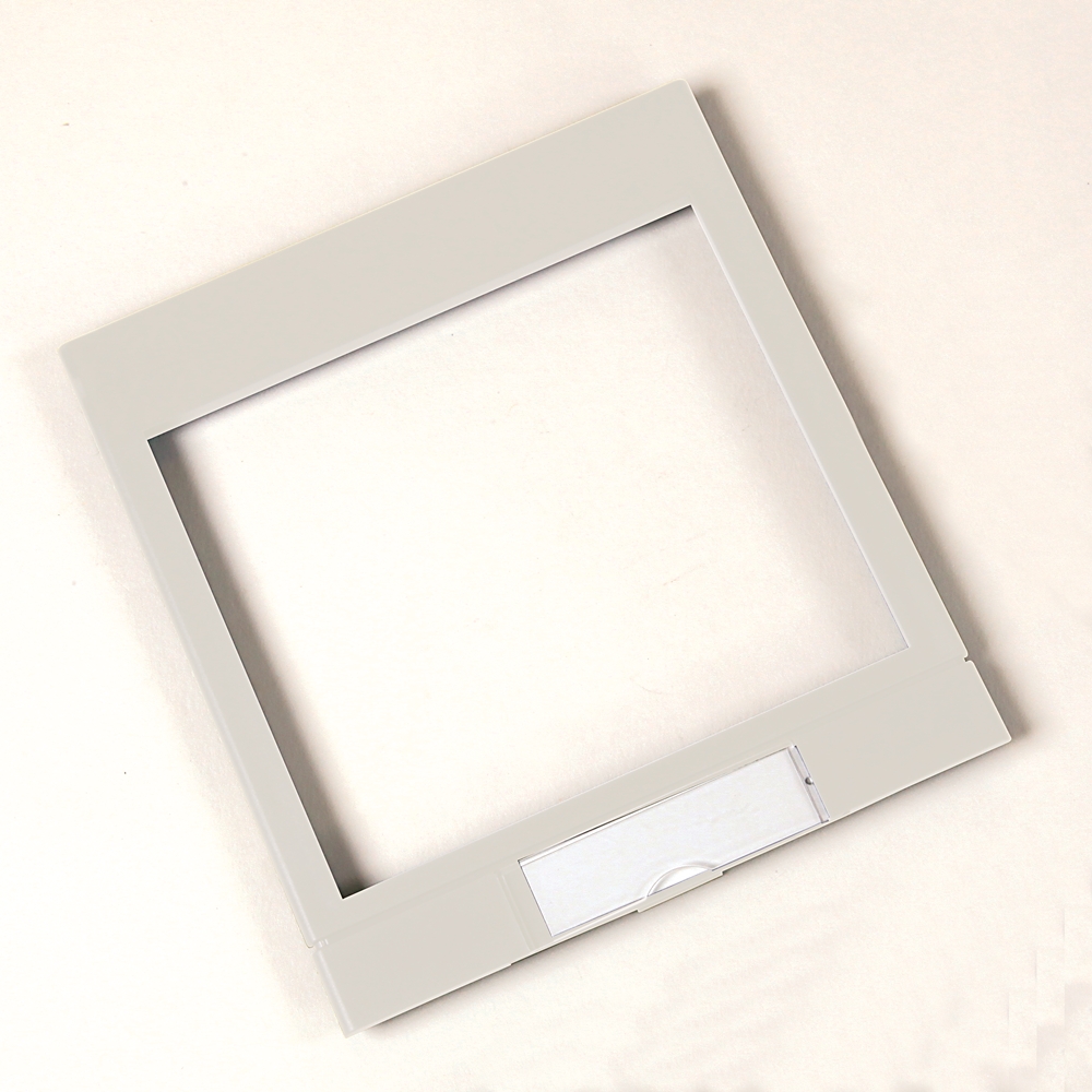 Light gray square photo frame with an empty central opening on a neutral background.
