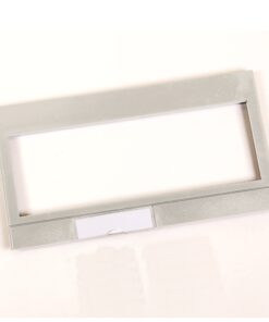 Silver rectangular metal frame with a large central opening and a small label slot at the bottom, looks like a name badge holder.