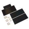 Solar panel mounting hardware: black plastic sheets and silver metal brackets with holes for installation
