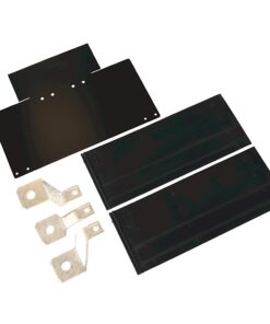 Solar panel mounting hardware: black plastic sheets and silver metal brackets with holes for installation