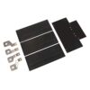 Hardware kit with four black mounting rails, five silver brackets, and a black perforated mounting plate on a white background.