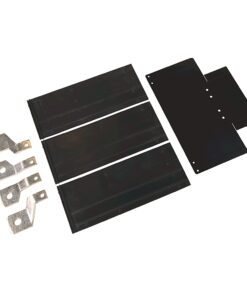 Hardware kit with four black mounting rails, five silver brackets, and a black perforated mounting plate on a white background.