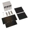Three-disk drive mounting kit with a white enclosure, metal brackets, black cover plates, backplate, and screws.
