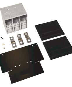 Three-disk drive mounting kit with a white enclosure, metal brackets, black cover plates, backplate, and screws.