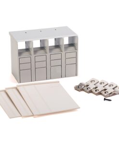 Plastic modular storage cabinet with four columns of small drawers and spare panels and screws in front of white background, product kit.
