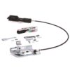 Automotive cable control kit with mounting bracket and hardware laid out on a white background.