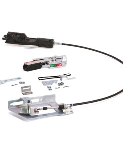 Automotive cable control kit with mounting bracket and hardware laid out on a white background.