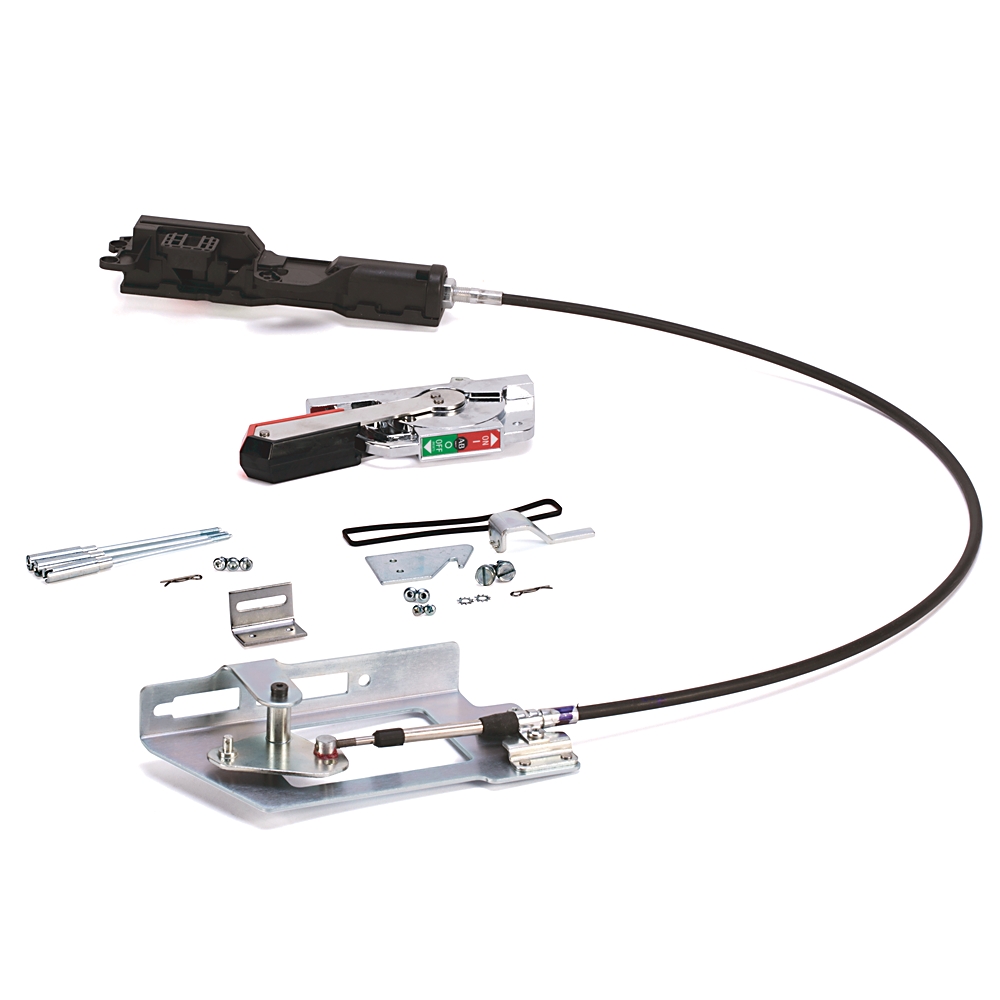 Automotive cable control kit with mounting bracket and hardware laid out on a white background.
