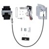 Disassembled door lock kit with two latch assemblies, a long cable, and assorted mounting hardware on a white background