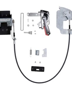 Disassembled door lock kit with two latch assemblies, a long cable, and assorted mounting hardware on a white background