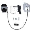 Disassembled electric strike lock kit with mounting hardware and cables arranged on white background.