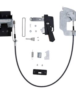 Disassembled electric strike lock kit with mounting hardware and cables arranged on white background.