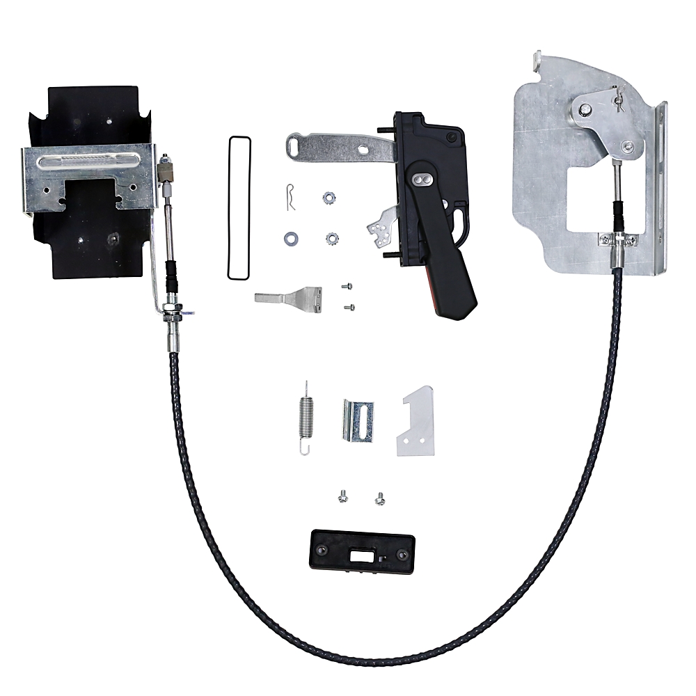 Disassembled electric strike lock kit with mounting hardware and cables arranged on white background.