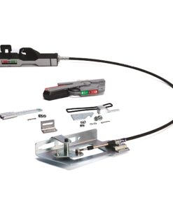 Cable installation kit with mounting bracket and assorted hardware on white background.