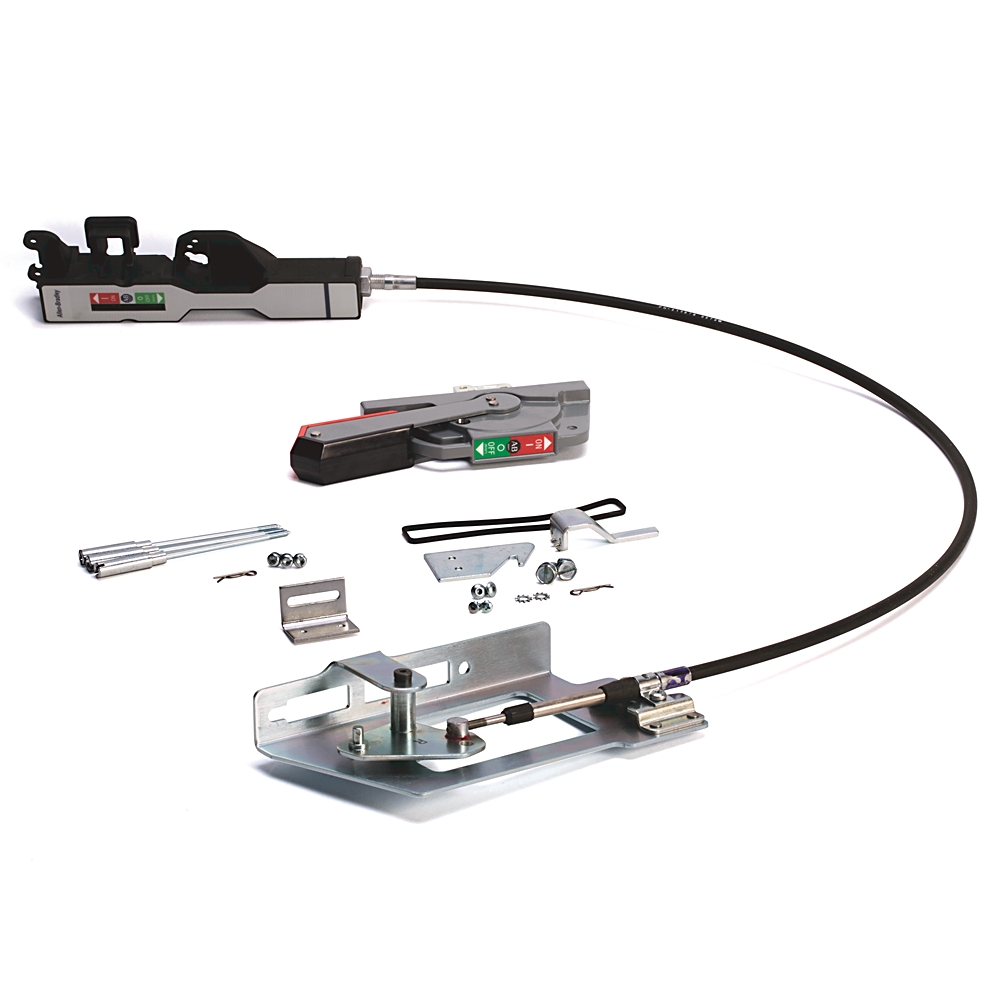 Cable installation kit with mounting bracket and assorted hardware on white background.