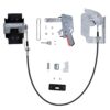 Disassembled door lock kit with two metal actuators connected by a braided cable and assorted screws, springs, and plates.