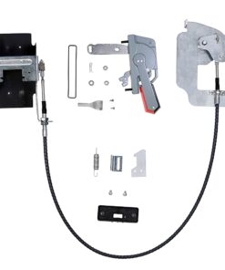 Disassembled door lock kit with two metal actuators connected by a braided cable and assorted screws, springs, and plates.