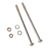 Two long metal bolts with hex nuts and flat washers on a white background, arranged diagonally to the left and right