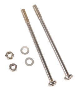 Two long metal bolts with hex nuts and flat washers on a white background, arranged diagonally to the left and right
