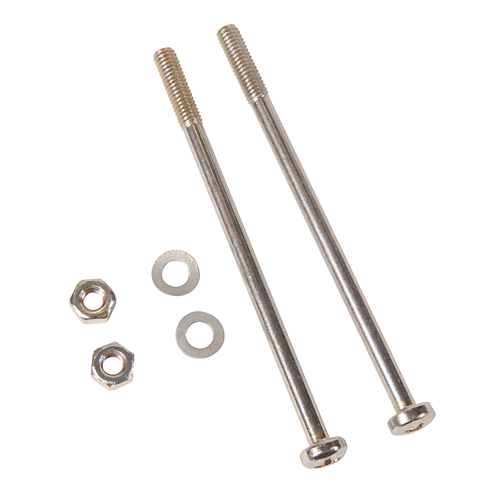Two long metal bolts with hex nuts and flat washers on a white background, arranged diagonally to the left and right