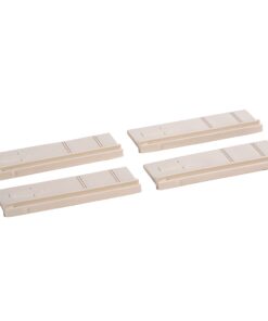 Four beige plastic rail-like pieces with grooves laid out on a white background, likely sliding track components.