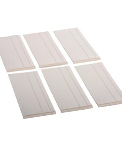 Six white rectangular plastic panels with two parallel grooves along their length, arranged on a white background.