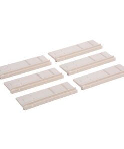 Set of six beige plastic rail segments with arrows embossed, laid out on a white background