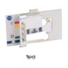 Circuit breaker accessory with a metal mounting bracket and color-coded indicator bars (red, orange, yellow, green, blue) on a white plate, plus two screws in the foreground.