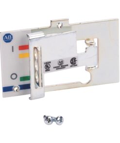 Circuit breaker accessory with a metal mounting bracket and color-coded indicator bars (red, orange, yellow, green, blue) on a white plate, plus two screws in the foreground.