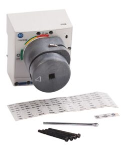 Industrial rotary switch on a white panel showing OFF/ON and TRIPPED indicators, with mounting screws, label strip, and a metal key