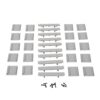 Assorted gray plastic mounting brackets and long support rails with screws laid out in a grid.