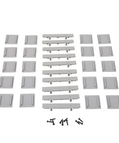 Assorted gray plastic mounting brackets and long support rails with screws laid out in a grid.
