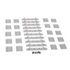 Assorted gray plastic mounting rails, panels, and screws laid out on a white background. (Hardware kit contents)