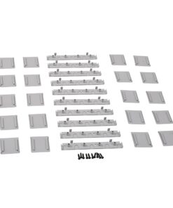 Assorted gray plastic mounting rails, panels, and screws laid out on a white background. (Hardware kit contents)