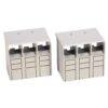 Pair of gray plastic modular storage units with three top open compartments and three bottom drawers each.