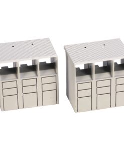 Pair of gray plastic modular storage units with three top open compartments and three bottom drawers each.