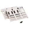 Two white plastic terminal blocks with many small rectangular slots and a couple larger openings, plus two screws on the side; used for wiring connections in networking equipment.