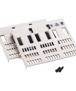 Two white plastic terminal blocks with many small rectangular slots and a couple larger openings, plus two screws on the side; used for wiring connections in networking equipment.
