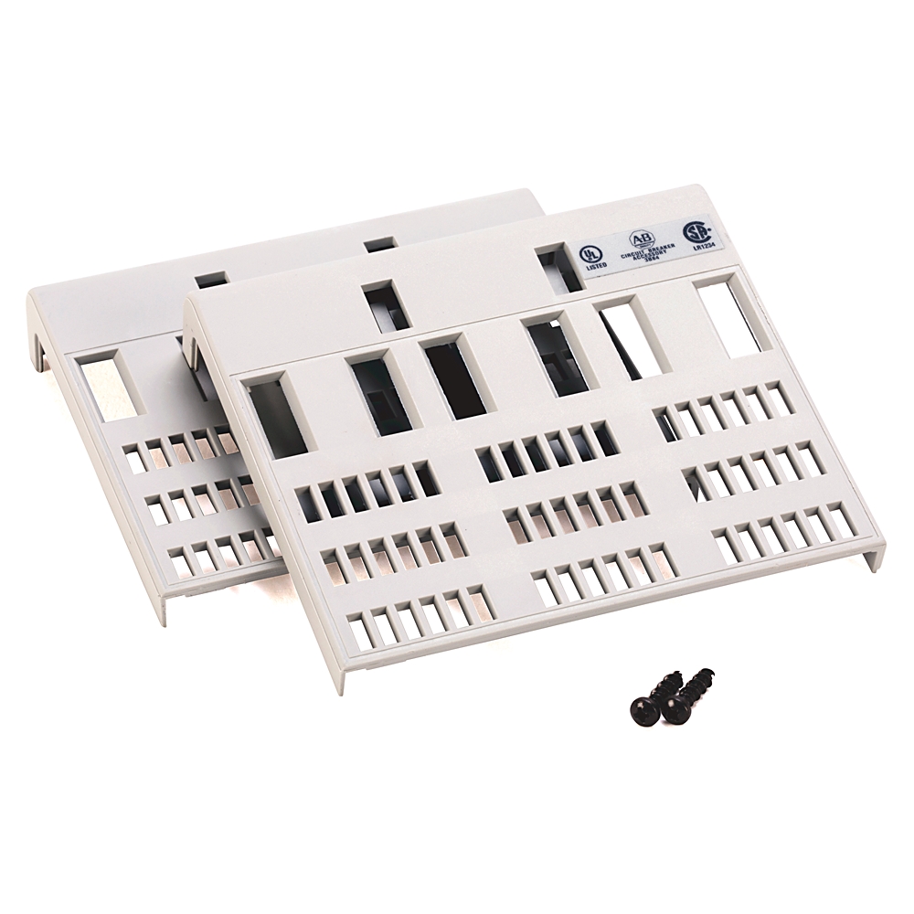 Two white plastic terminal blocks with many small rectangular slots and a couple larger openings, plus two screws on the side; used for wiring connections in networking equipment.