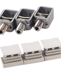 Three gray modular electrical connectors with metal threaded posts and matching white plug housings, shown side by side on a white background.